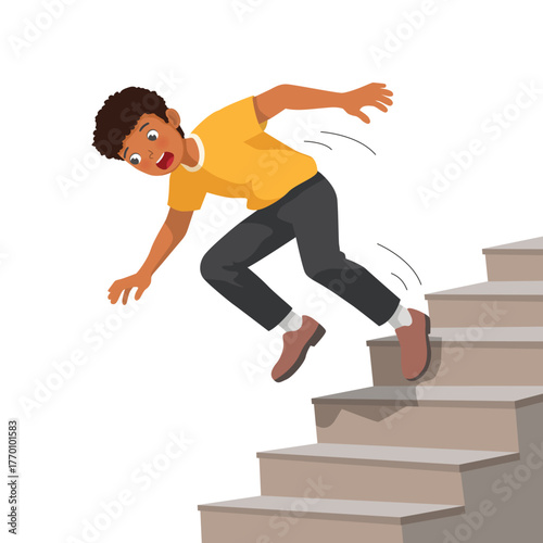 Young African man falling down the stairs having accident slips on the staircase