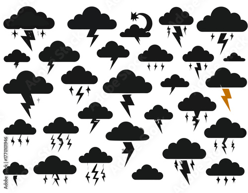 Collection of black cloud silhouettes with lightning, rain, moon, and star icons on a white background.