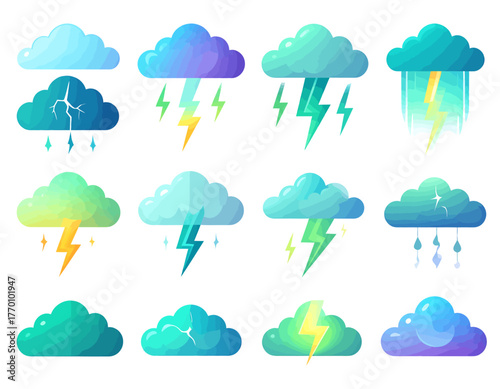A collection of cartoon weather clouds with rain, lightning, and clear skies in various colors, suitable for graphic design elements.