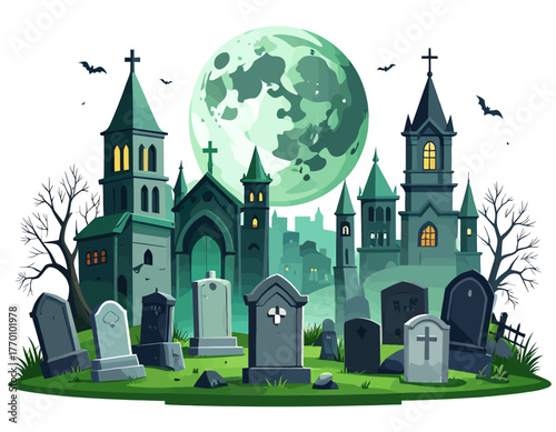 Spooky graveyard scene with gothic buildings, tombstones, bats, and a large green full moon at night.