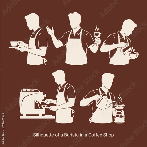 Barista Coffee Shop Silhouette Set — Vector Illustration of Coffee Making and Brewing