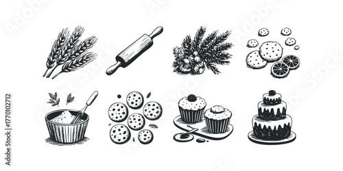 Collection of Hand Drawn Baking Ingredients and Treats