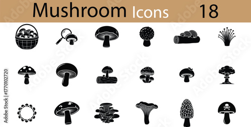 Collection of various mushroom icons in a clean silhouette style on a black background with text overlay silhouette
