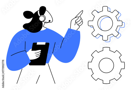 Woman wearing headset holding tablet, pointing at interconnected gears. Ideal for teamwork, support, strategy, guidance, technology, workflow process management. Simple flat metaphor