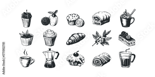 Collection of hand-drawn pastries and coffee drinks
