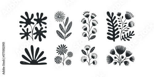 Set of hand drawn botanical elements and floral shapes