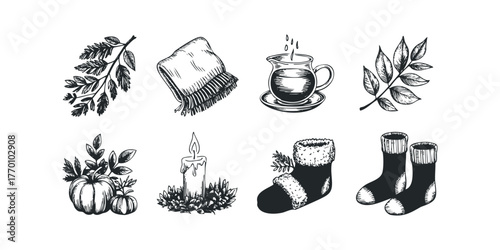 Cozy winter elements and autumn produce sketch