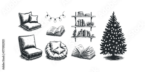 Cozy living room furniture with Christmas tree and books