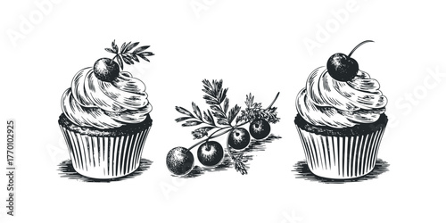 Two Hand Drawn Cupcakes and Cherry Branch