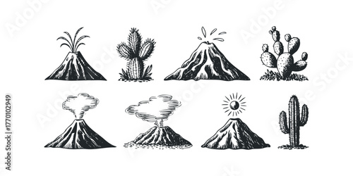 Collection of hand-drawn volcanoes and cacti