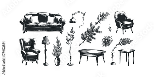 Collection of hand drawn home furnishings and plants