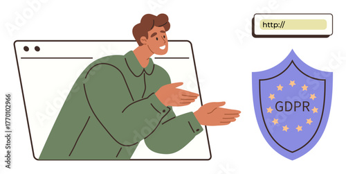 Man emerging from browser window gesturing towards GDPR shield and URL bar. Ideal for data privacy, online security, web compliance, internet safety, regulation concepts, IT laws, simple flat