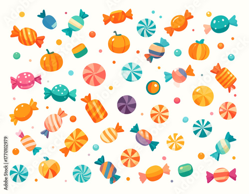 A vibrant and colorful assortment of various candies, including wrapped sweets, lollipops, and pumpkin-shaped treats, scattered on a white background in a flat illustration style.