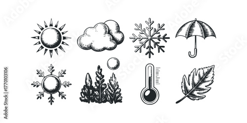 Hand-drawn weather icons including sun, cloud, snowflake, and thermometer