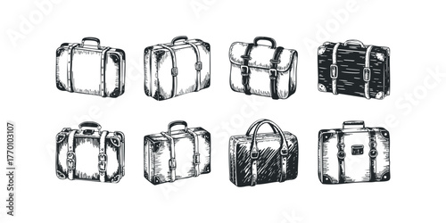 Collection of eight vintage luggage pieces in sketch style