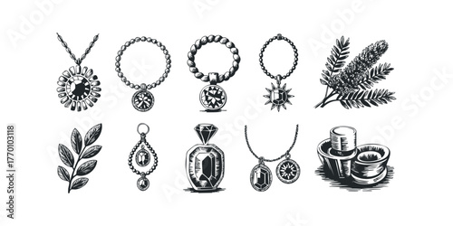Collection of Vintage Jewelry and Botanical Sketches