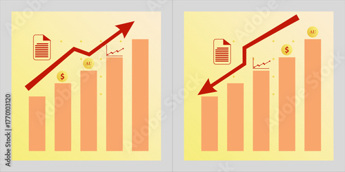 Flat vector illustration set showing business growth and decline charts for financial analytics and market performance trends.