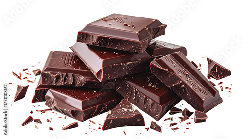 Dark chocolate chunks stacked, some crumbs around
