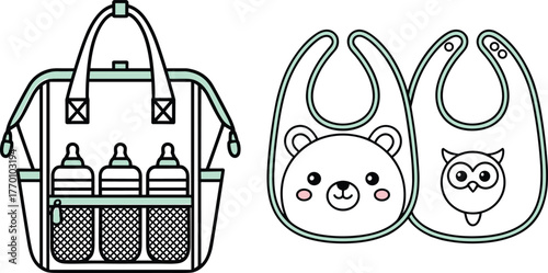 Baby backpack, baby bibs, cute animal face, teal accents, baby gear, cad drawing flat vector illustration
