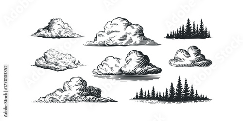 Vintage sky set with clouds and forest silhouettes