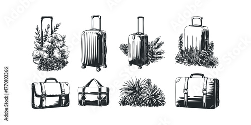 Collection of Luggage and Suitcases with Foliage Accents