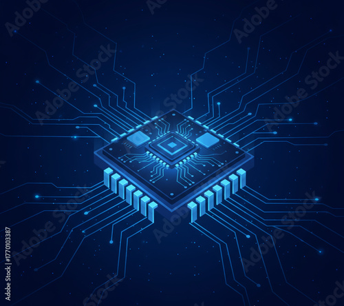 Glowing blue microchip with intricate circuit connections on a dark background, symbolizing advanced digital technology, data processing, and interconnected electronic systems for computing innovation