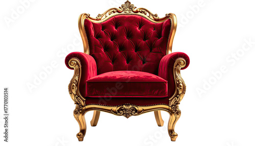 Regal red velvet throne chair with ornate golden frame