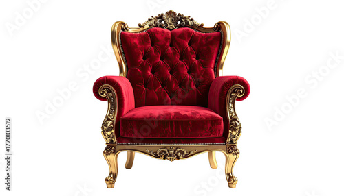 Opulent red velvet armchair with ornate golden trim
