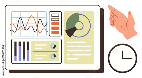 Data dashboard featuring graphs, pie charts, and analytics elements along with a clock and guiding hand. Ideal for analytics, time management, performance, efficiency, strategy, insights reporting