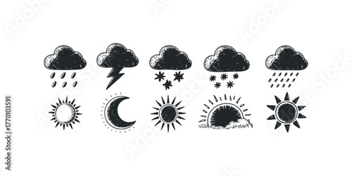 Hand Drawn Weather Icons Collection Sun Rain Snow Lightning Moon