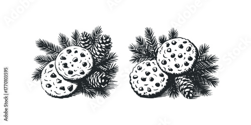 Chocolate chip cookies with pine cones and evergreen branches