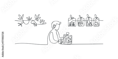Line drawing of person with plants and framed scenes