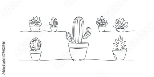 Collection of Six Potted Succulent Plants Continuous Line Drawing