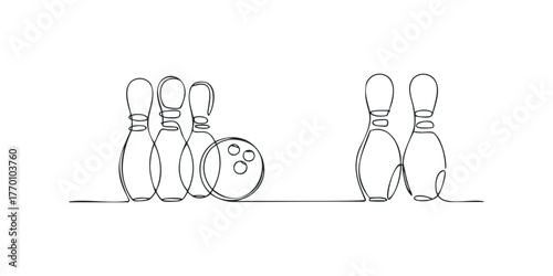 Single line drawing of bowling pins and ball
