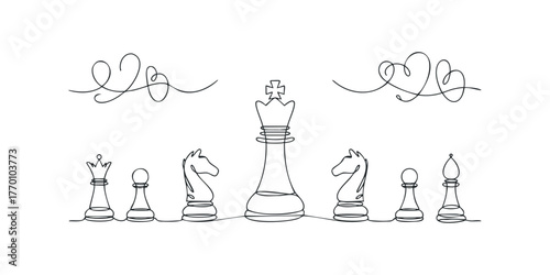 Continuous Line Drawing Chess Pieces and Hearts