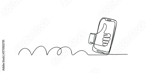 Single Line Drawing of Smartphone with Thumbs Up Icon