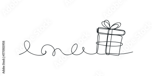 Continuous line drawing of a gift box with ribbon and trailing string