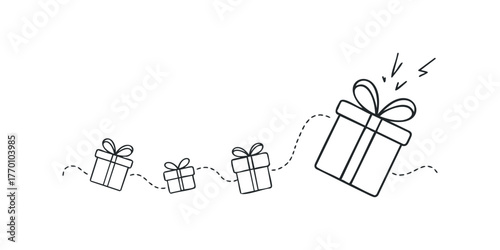 Simple outline of falling gift boxes on white background