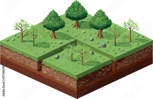 Isometric Cross-Section of Land with Soil Layers, Grass, and Trees - Geology and Environment Concept