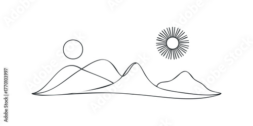 Minimalist landscape with sun and rolling hills