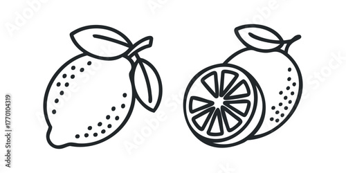 Line art of two lemons with leaves and one sliced