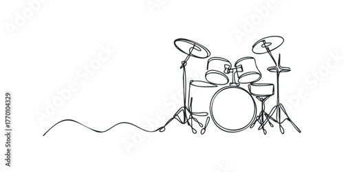 Line drawing of a drum kit with cymbals and kick pedal