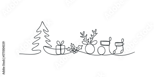Continuous line drawing of Christmas tree gift and stocking