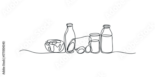 Farm fresh dairy and eggs in a continuous line drawing