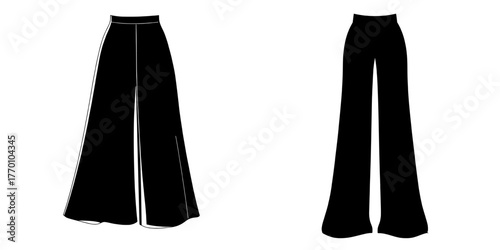 Fashion woman design style model featuring a high-rise, high-waist, wide-leg palazzo pant trouser template in a technical drawing and flat sketch CAD mockup