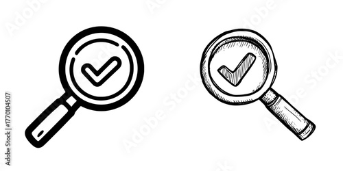 A magnifying glass with a checkmark inside is illustrated in the image, indicating verification and approval, or the completion of a successful search