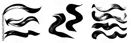 A modern set of wave acrylic paint brush strokes includes flowing 3D brushstrokes with blue and purple gradient colors and ribbon shapes with smooth transitions and textured edges