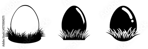 A chicken egg rests in the green grass, depicted in a flat style against a white background, symbolizing a domestic bird's egg