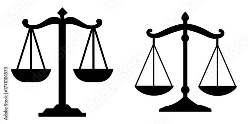 Modern illustration of a law balance symbol, with Libra in flat design, including Justice scales and weight scales on a white background