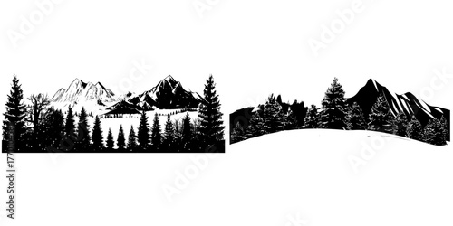 The panoramic banner features a modern winter mountain landscape with snowy mountains, hills, and realistic fir tree silhouettes in the foreground, set against a backdrop of a frosty day with falling